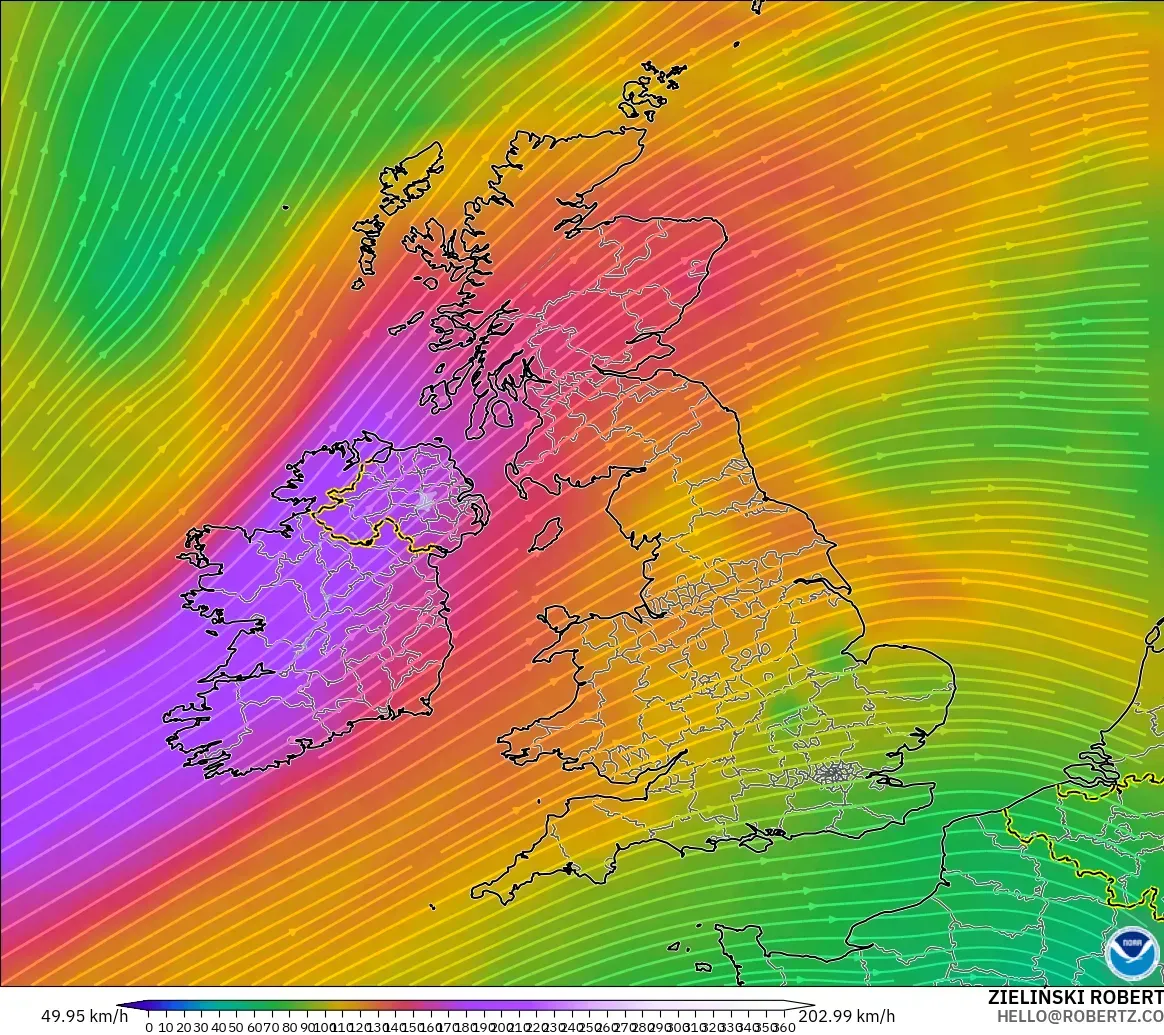 GFS model - United Kingdom, Wind at 300hPa (jet stream)