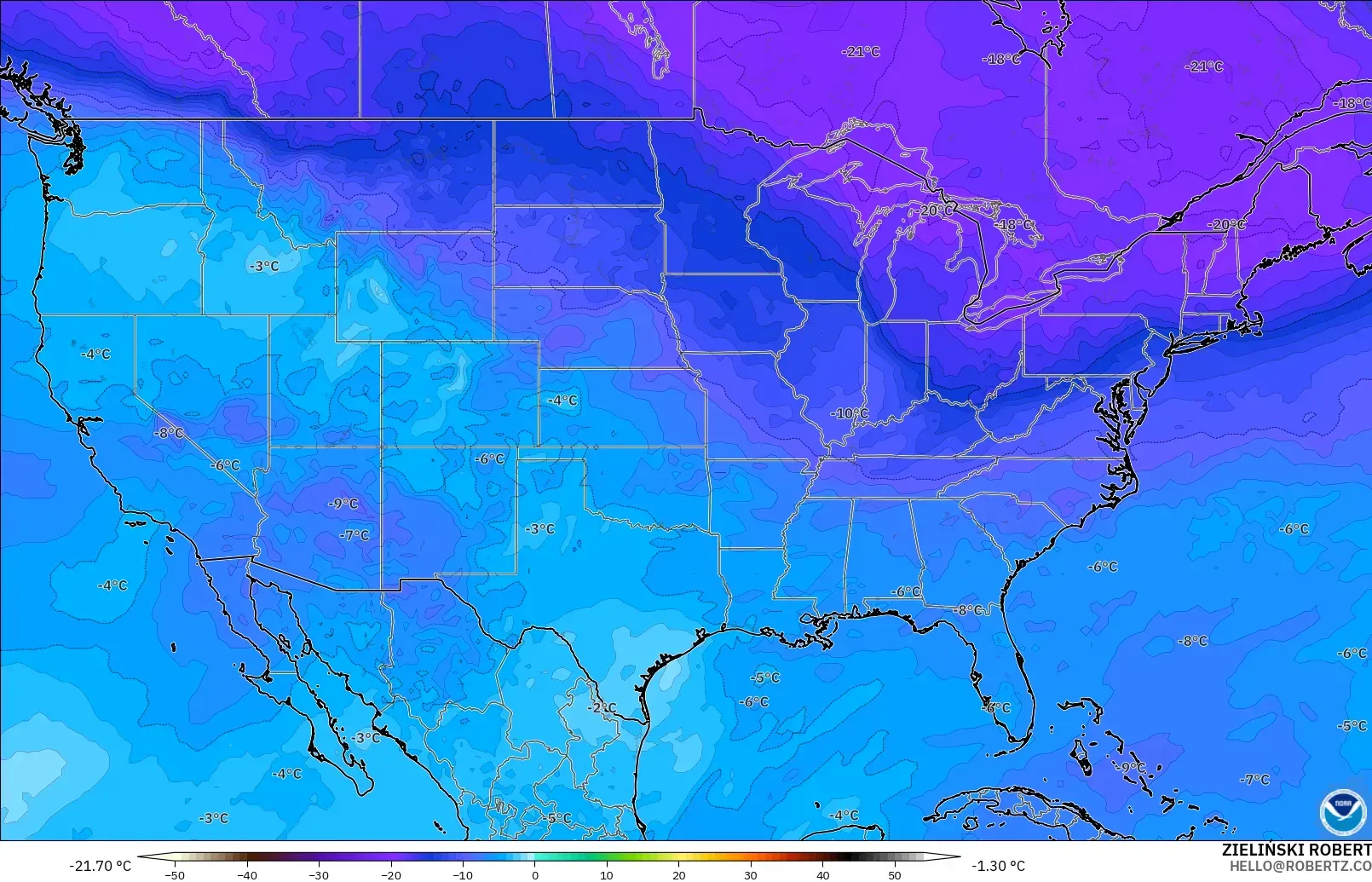 GFS model - United States, Temperature at 500hPa