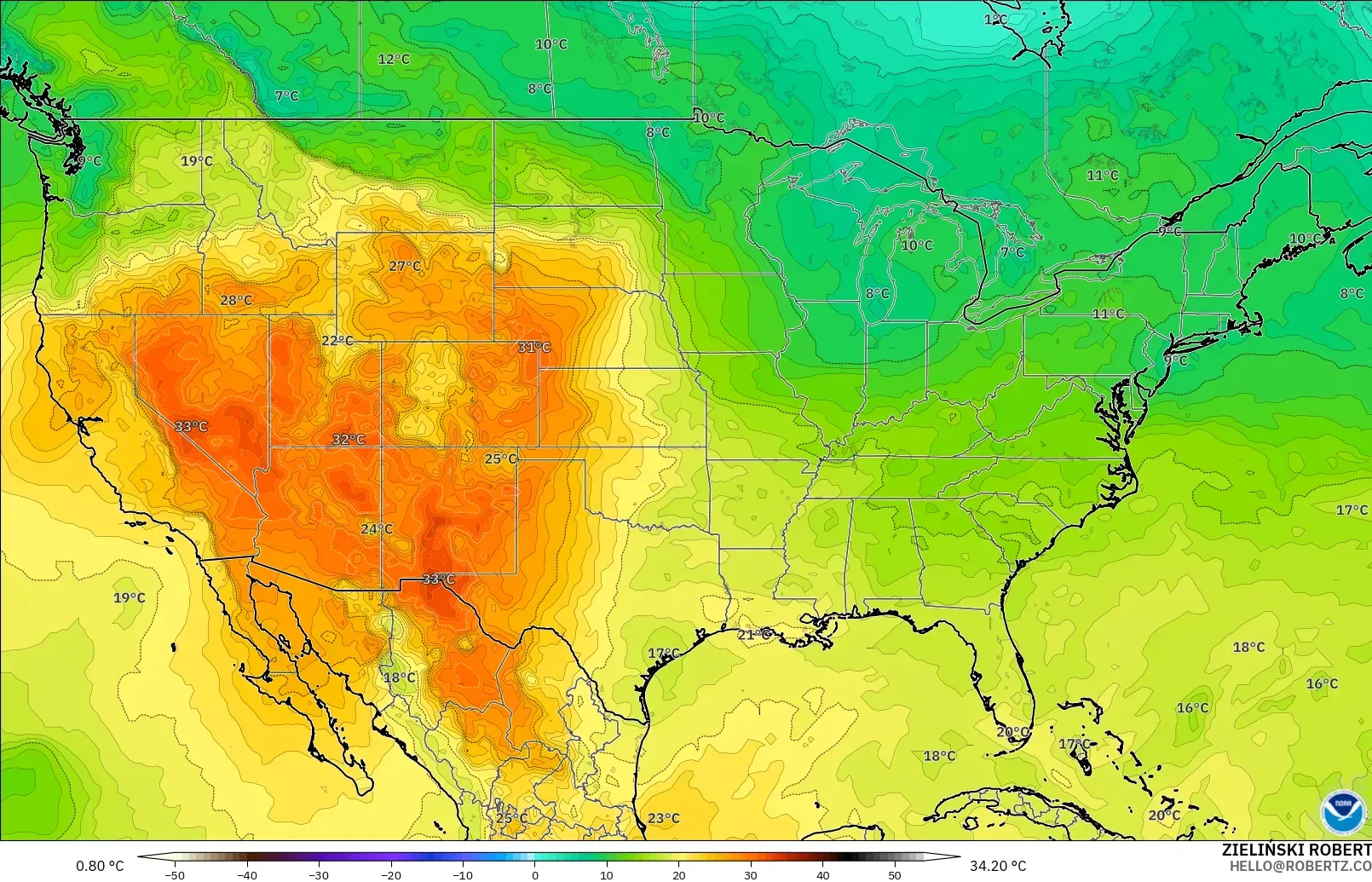 GFS model - United States, Temperature at 850hPa