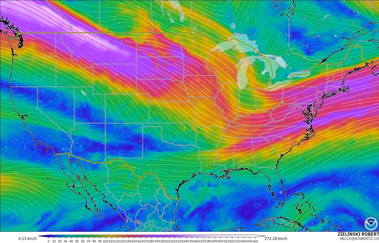 GFS model - United States, Wind at 300hPa (jet stream)