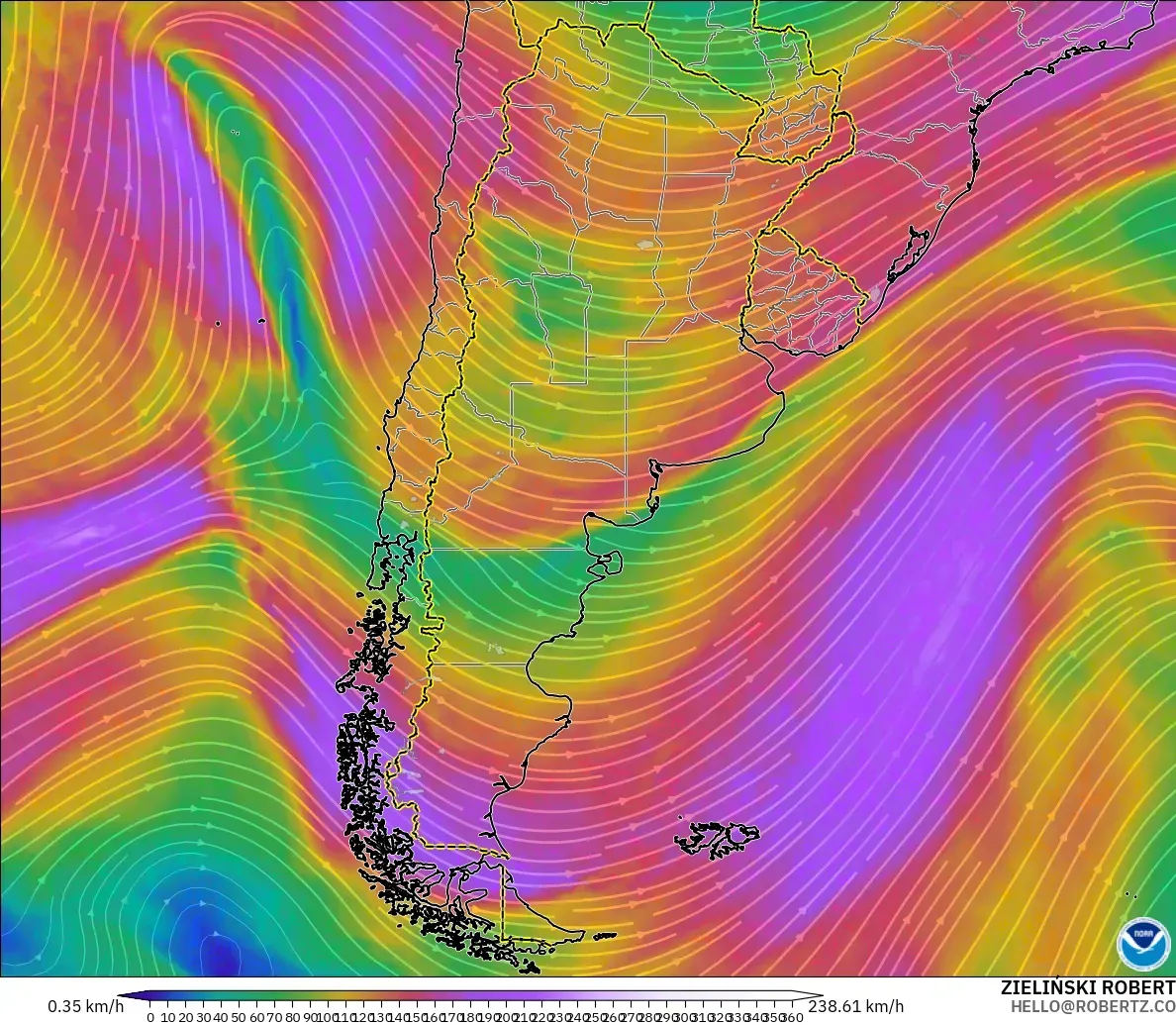 GFS model - Argentina, Wind at 300hPa (jet stream)