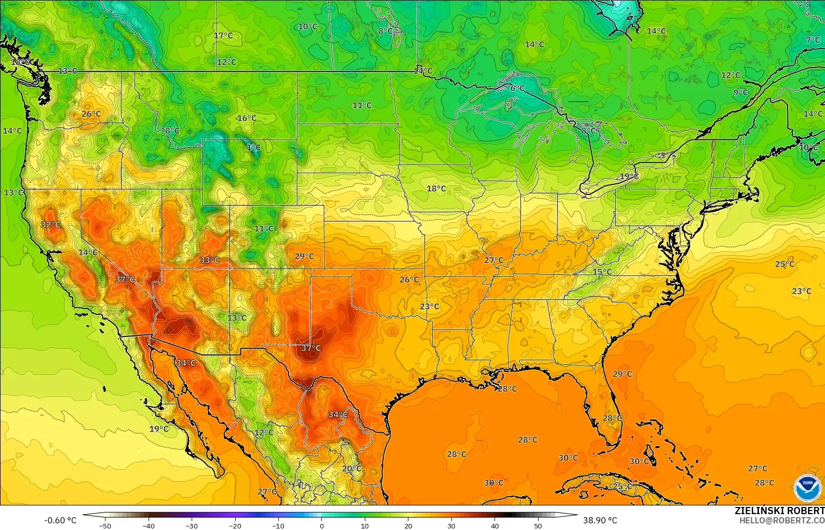 GFS model - United States, Temperature at 2m