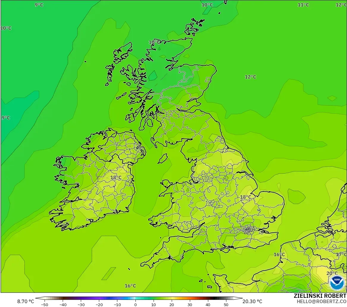 GFS model - United Kingdom, Dewpoint at 2m