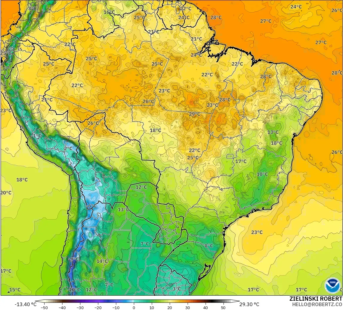 GFS model - Brazil, Temperature at 2m