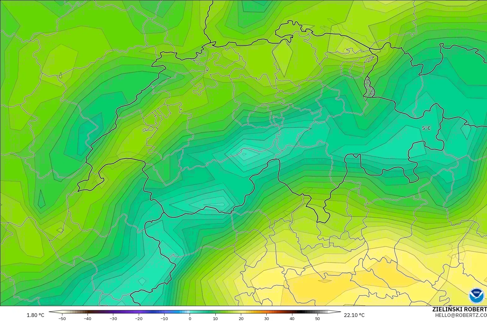 GFS model - Switzerland, Dewpoint at 2m