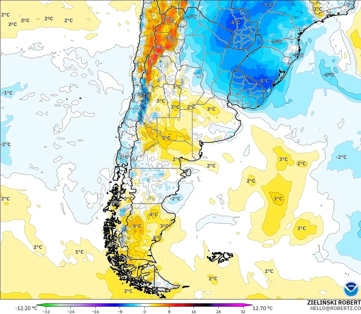 GFS model - Argentina, Temperature at 2m Anomaly