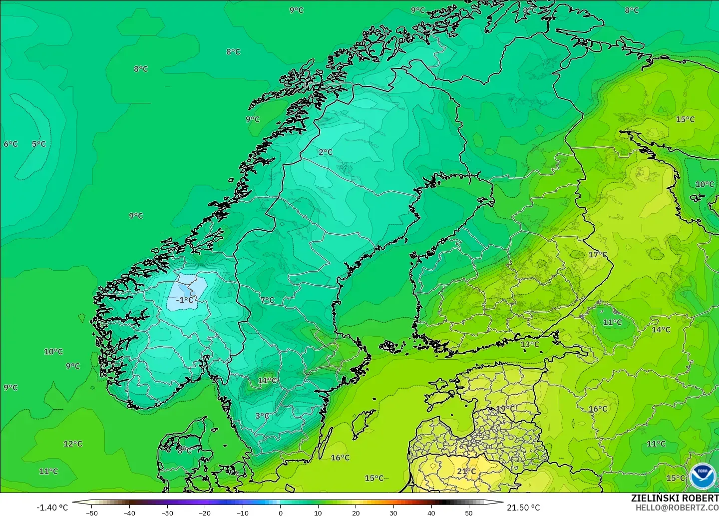 GFS model - Scandinavia, Dewpoint at 2m