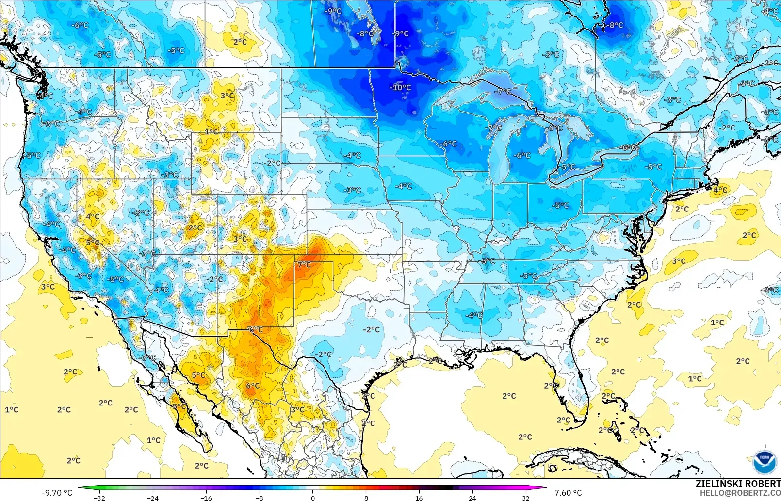 GFS model - United States, Temperature at 2m Anomaly