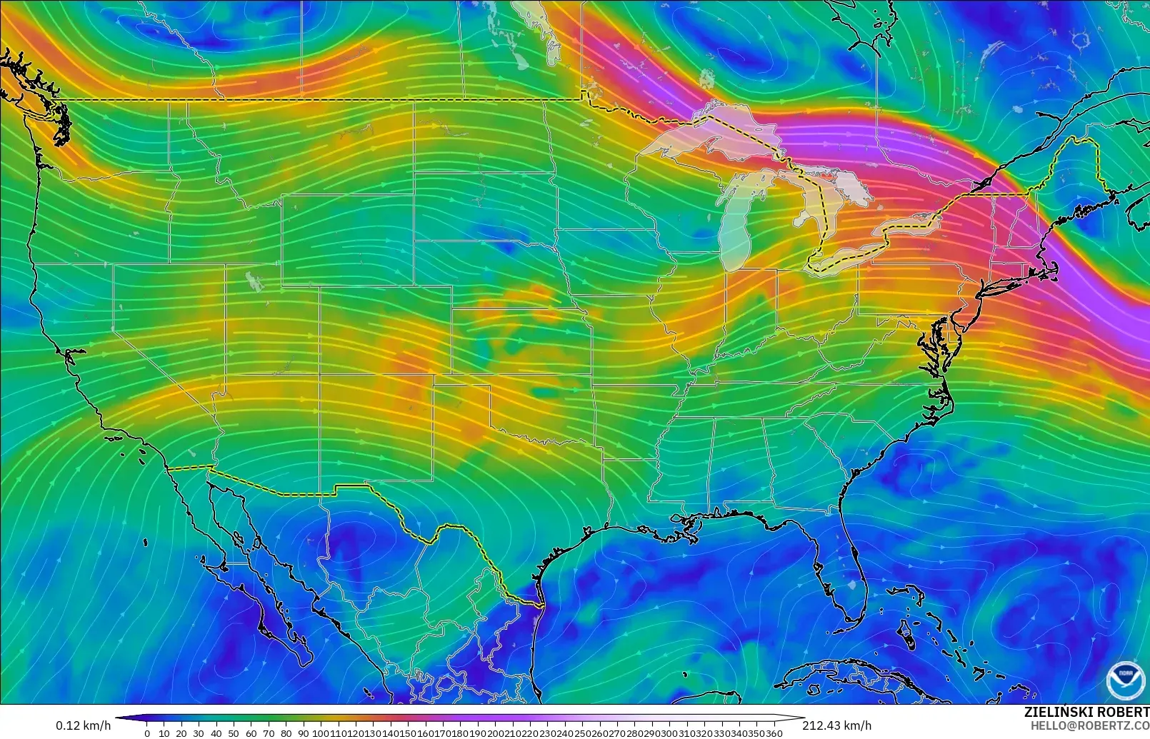 GFS model - United States, Wind at 300hPa (jet stream)