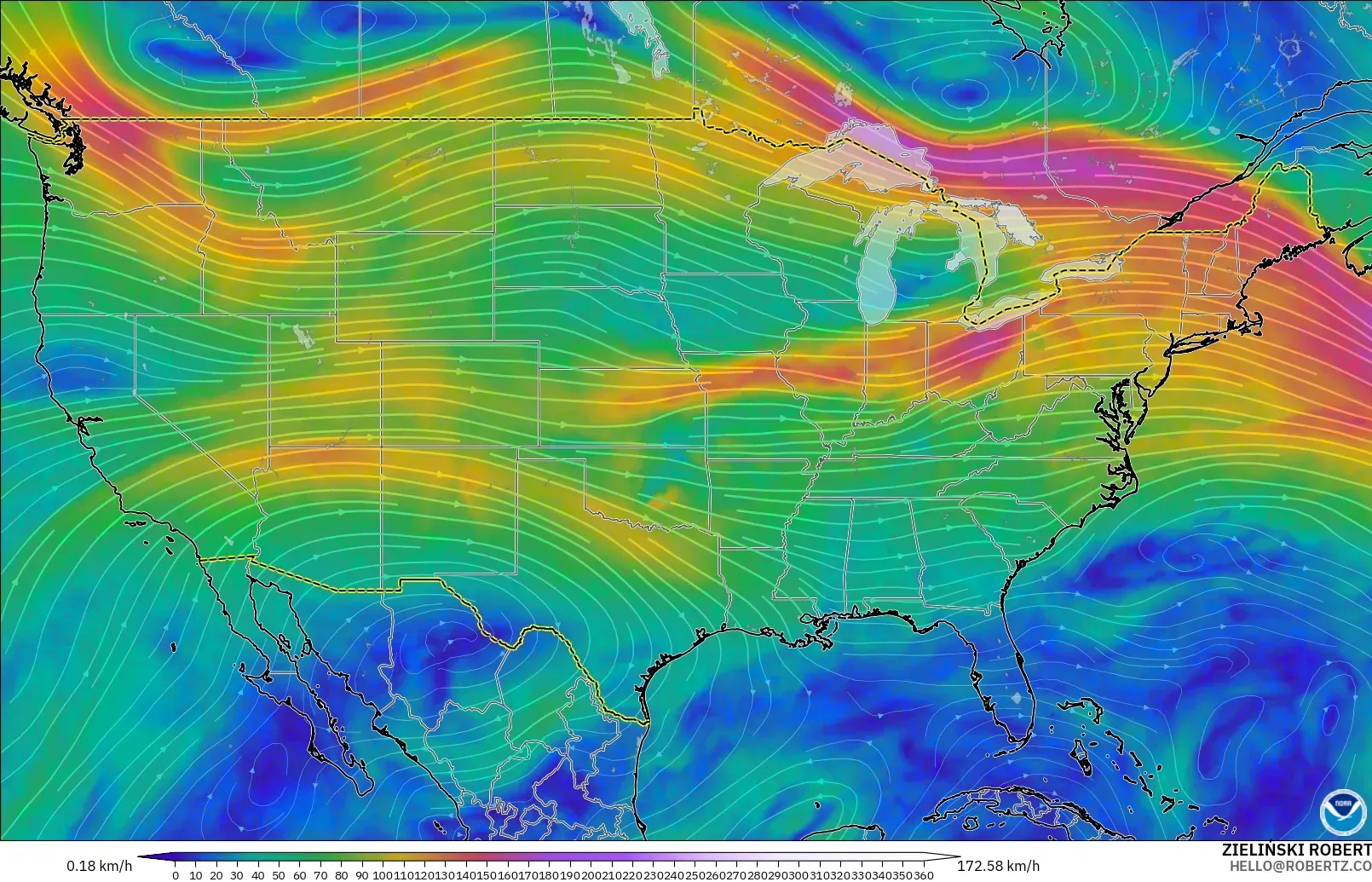 GFS model - United States, Wind at 300hPa (jet stream)