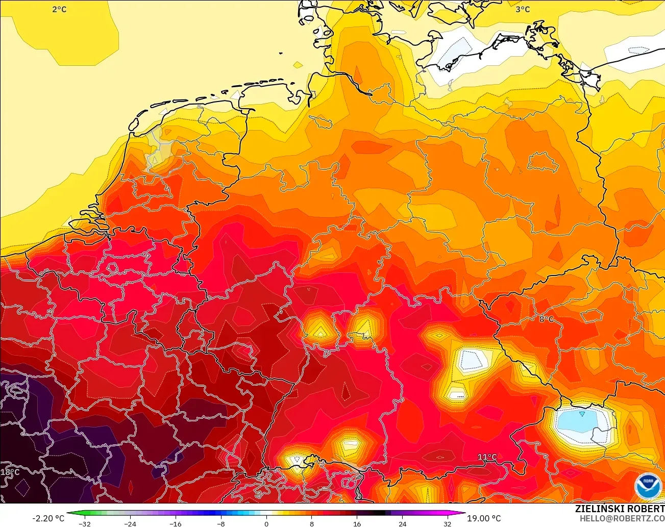 GFS model - Germany, Temperature at 2m Anomaly