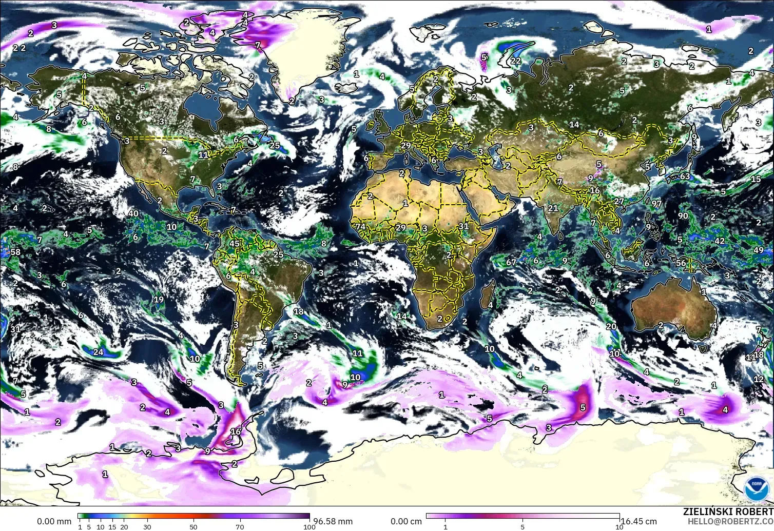 GFS model - World, Precipitation, Clouds, and Pressure