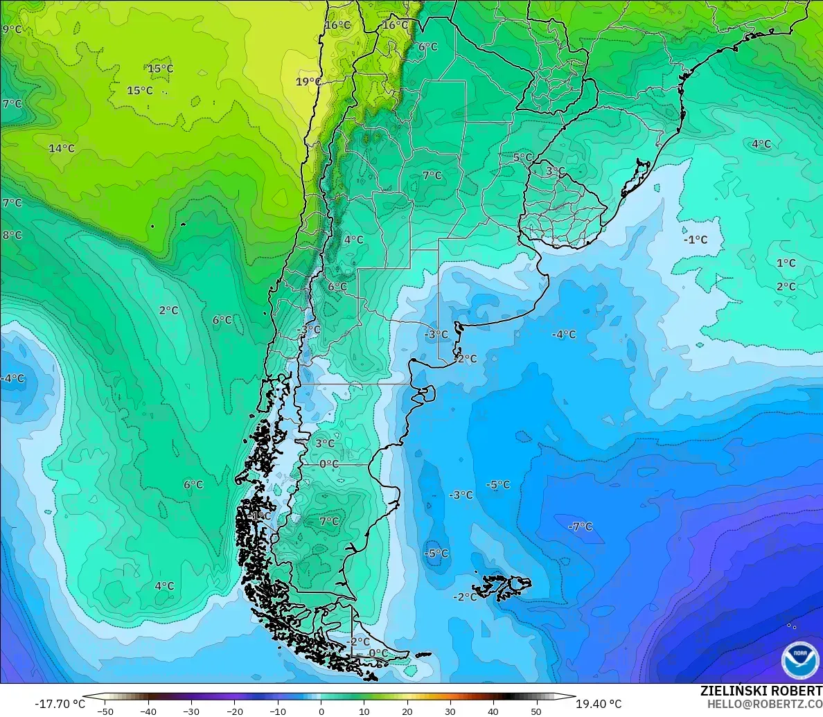 GFS model - Argentina, Temperature at 850hPa