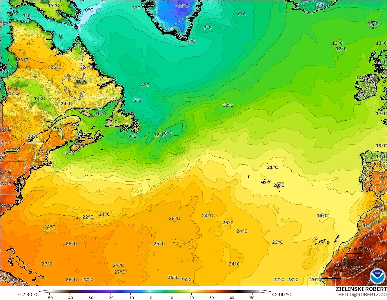 GFS model - North Atlantic, Temperature at 2m