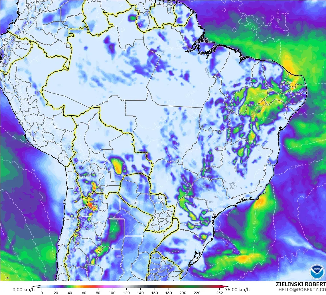 GFS model - Brazil, Wind Gusts Peak