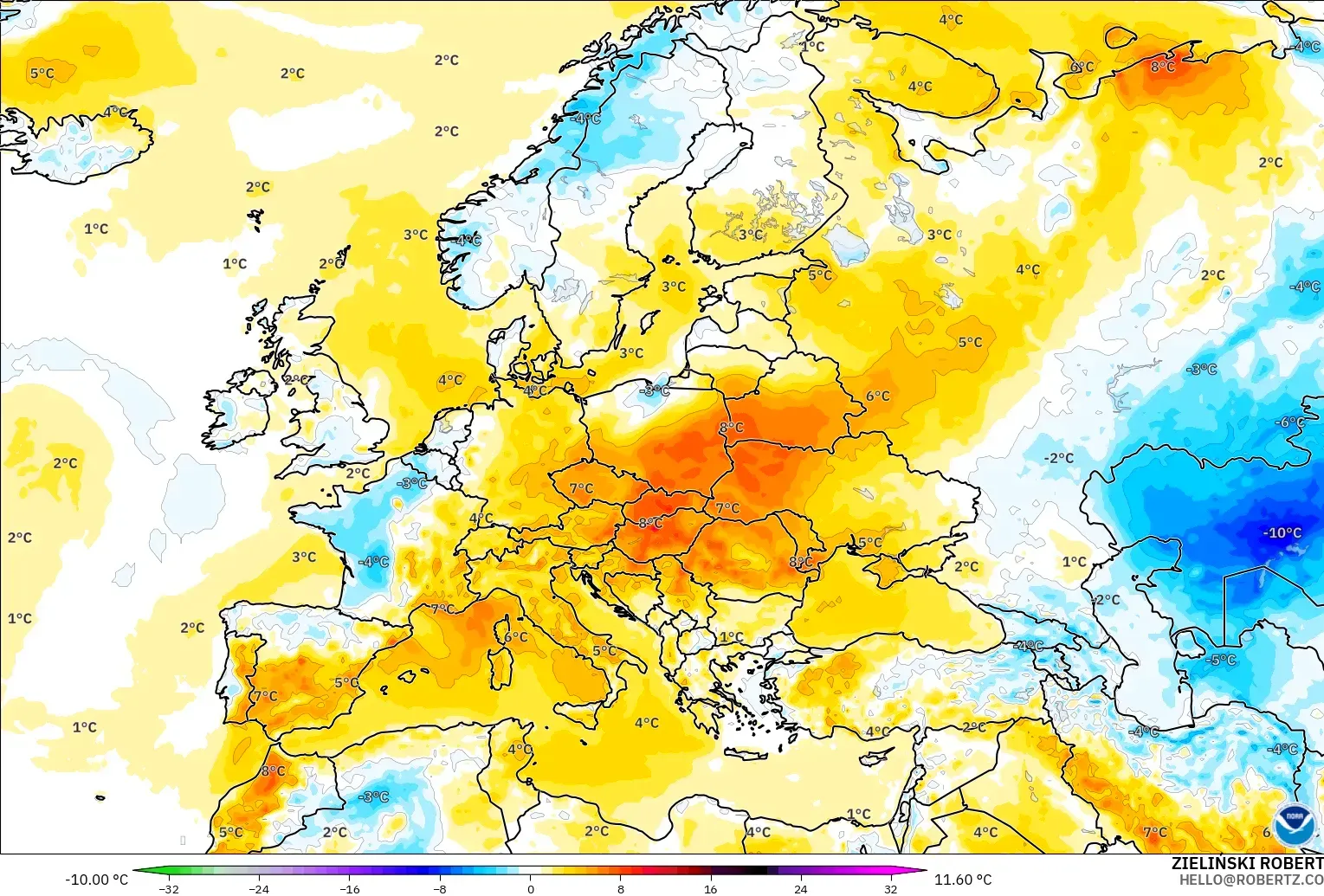 GFS model - Europe, Temperature at 2m Anomaly