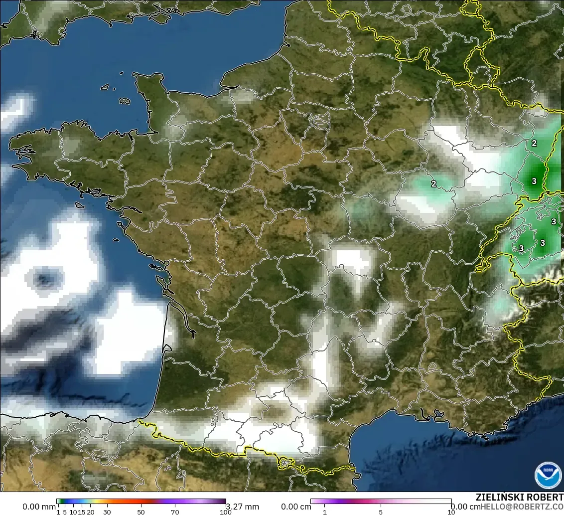 GFS model - France, Precipitation, Clouds, and Pressure