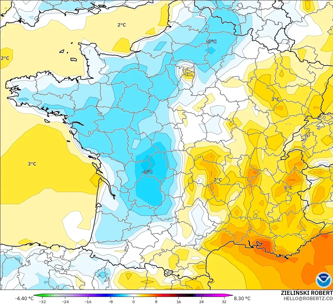 GFS model - France, Temperature at 2m Anomaly