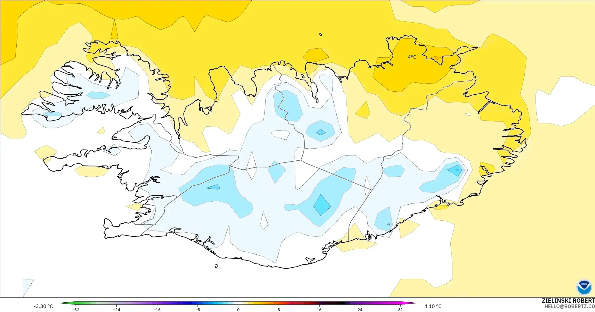 GFS model - Iceland, Temperature at 2m Anomaly