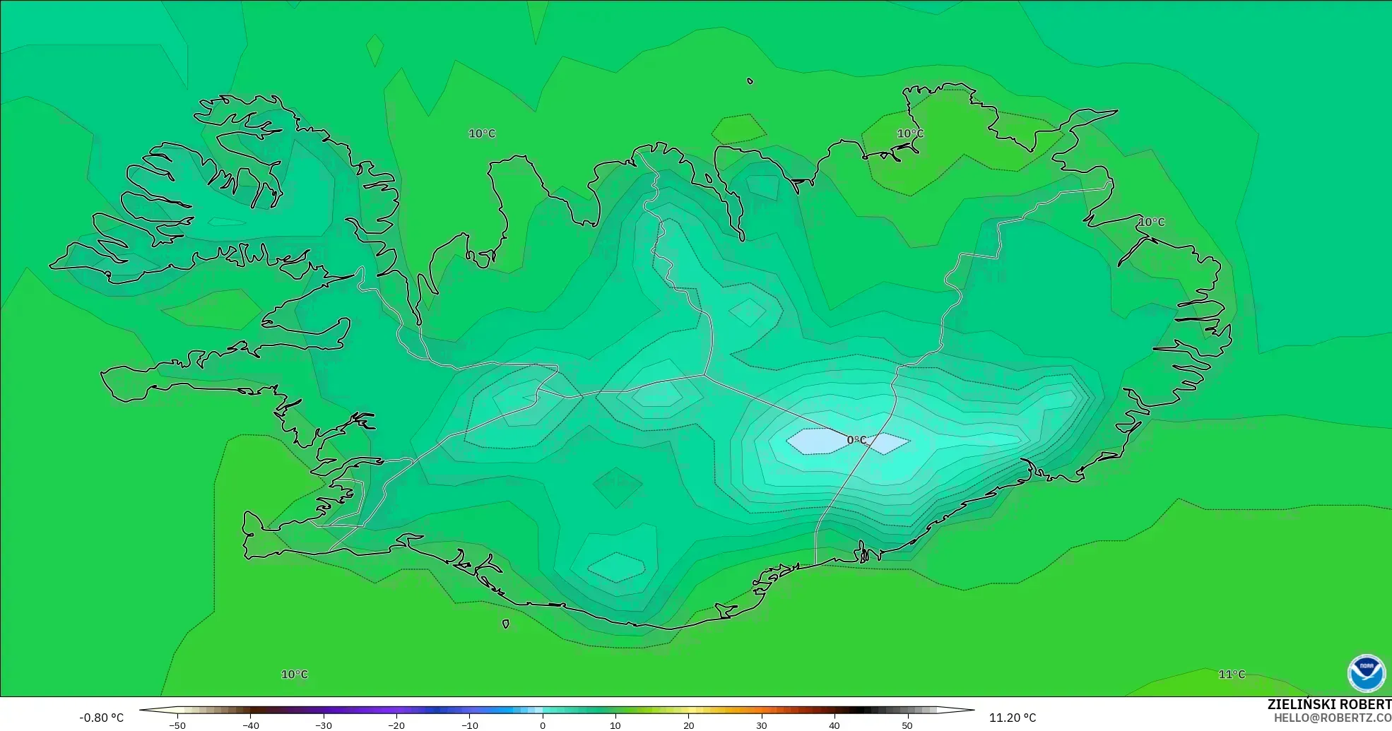 GFS model - Iceland, Temperature at 2m