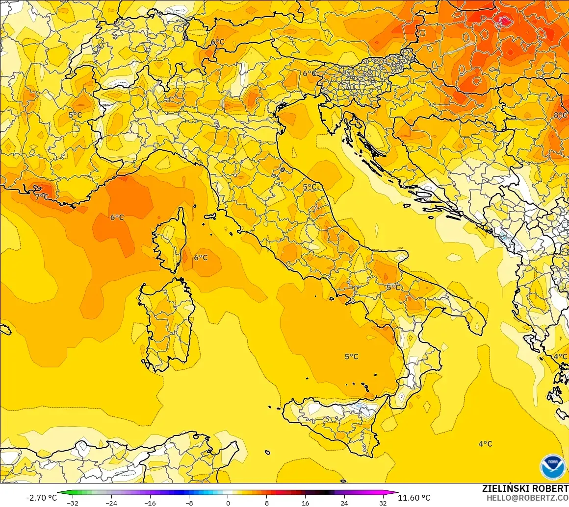 GFS model - Italy, Temperature at 2m Anomaly