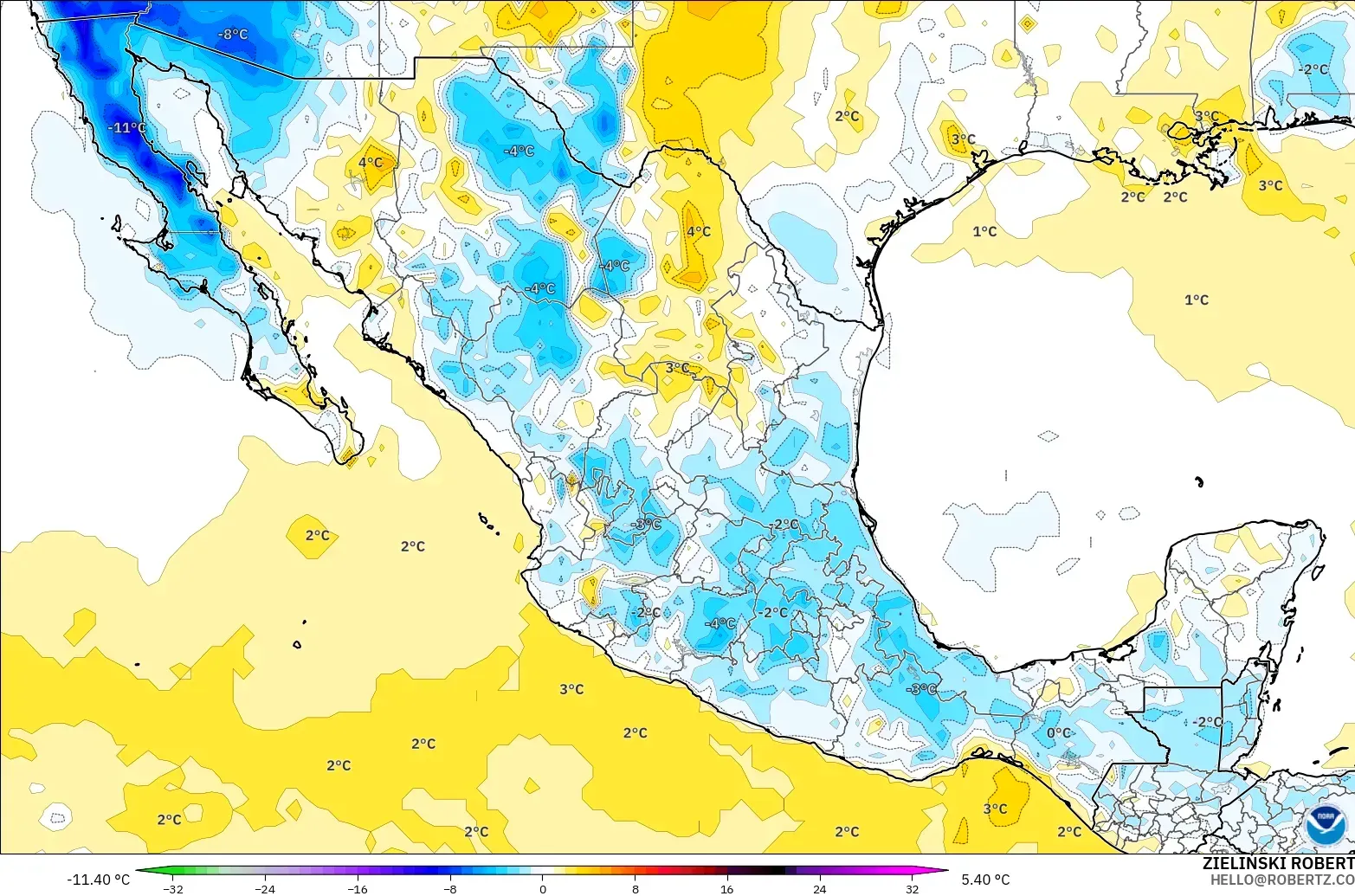 GFS model - Mexico, Temperature at 2m Anomaly