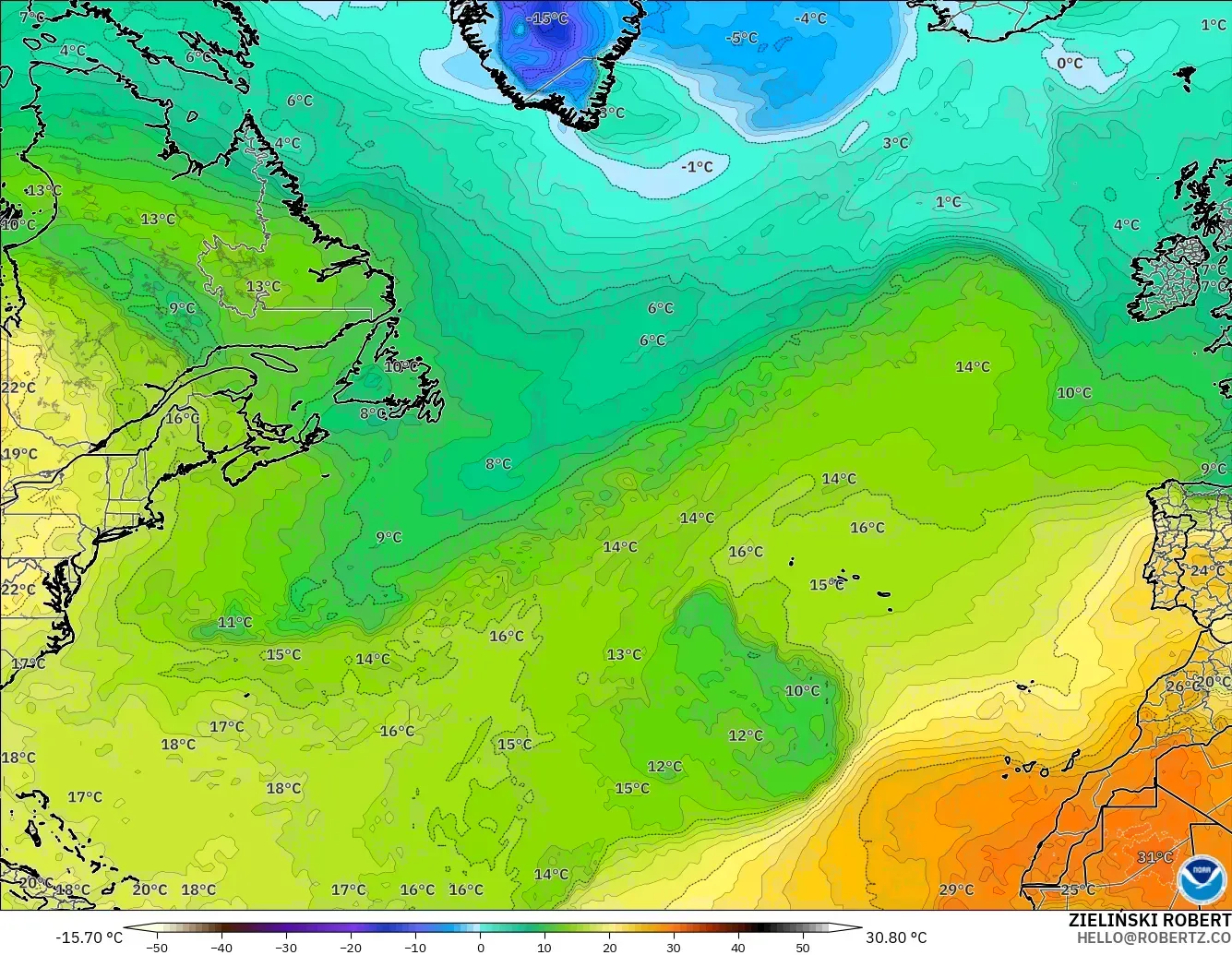 GFS model - North Atlantic, Temperature at 850hPa
