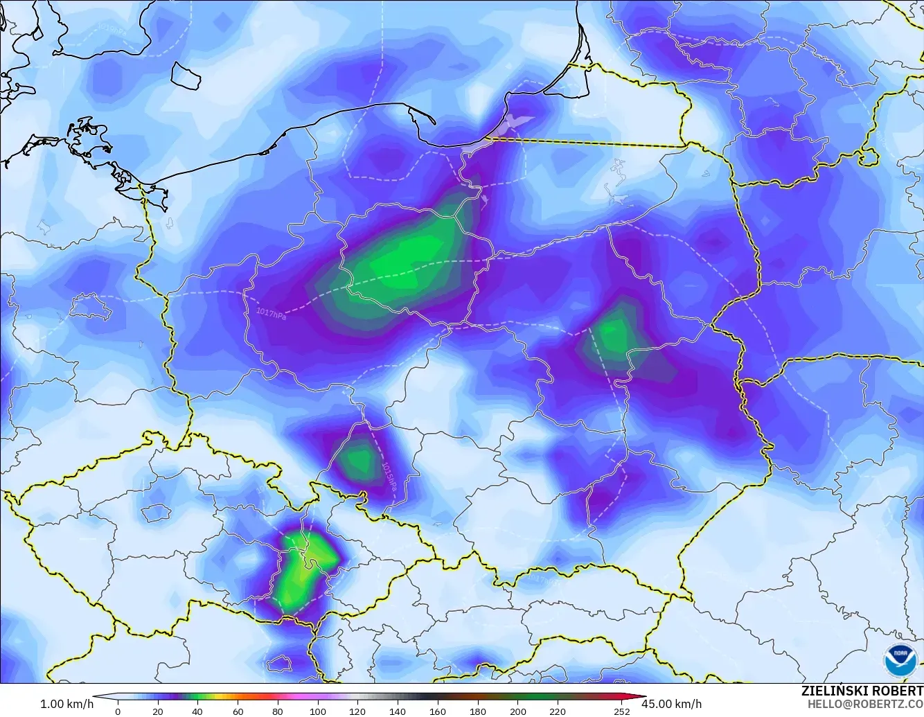 GFS model - Poland, Wind Gusts Peak