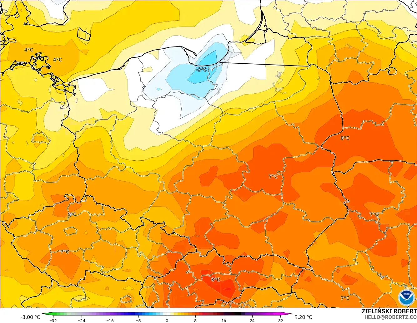 GFS model - Poland, Temperature at 2m Anomaly