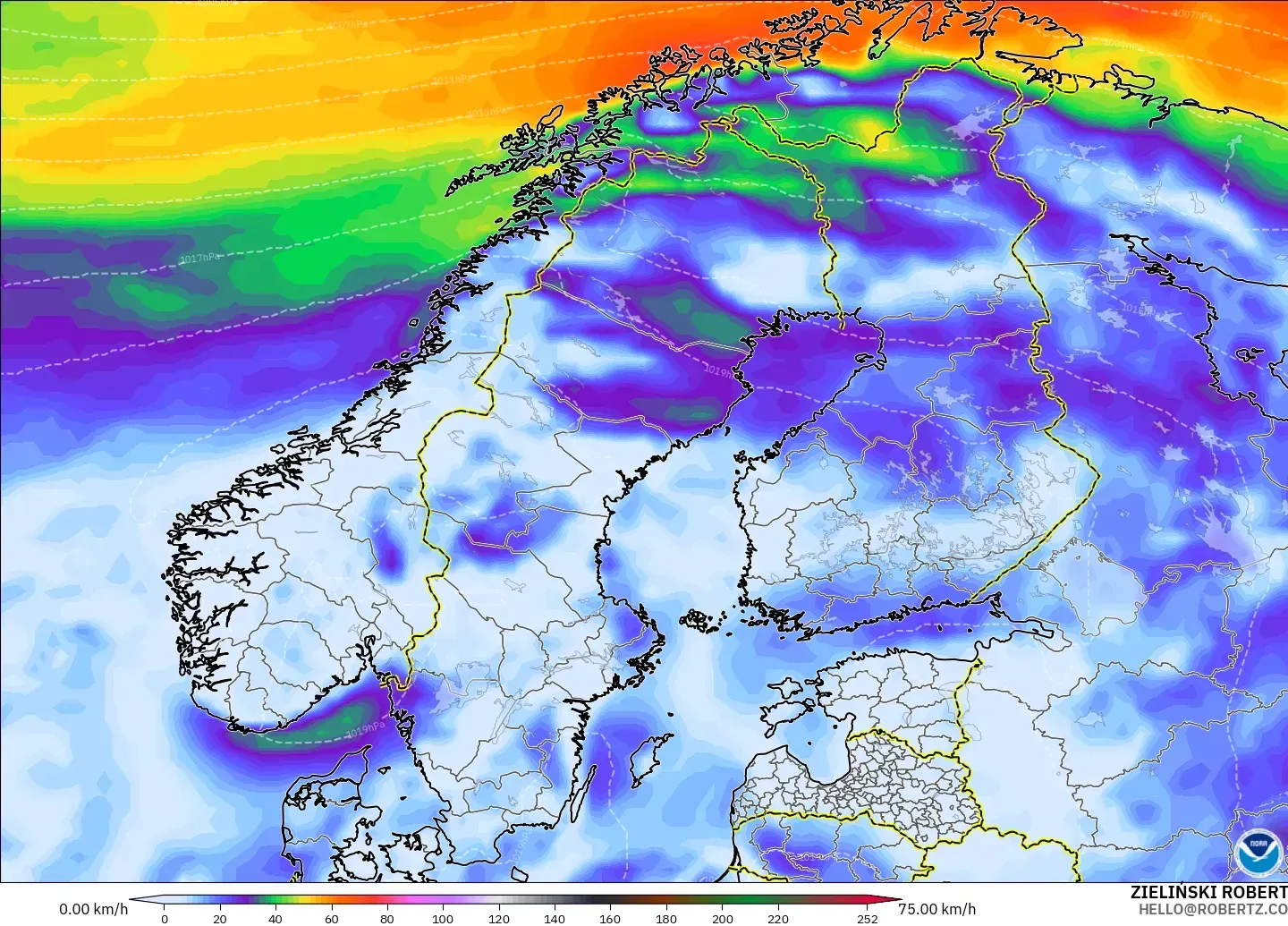 GFS model - Scandinavia, Wind Gusts Peak