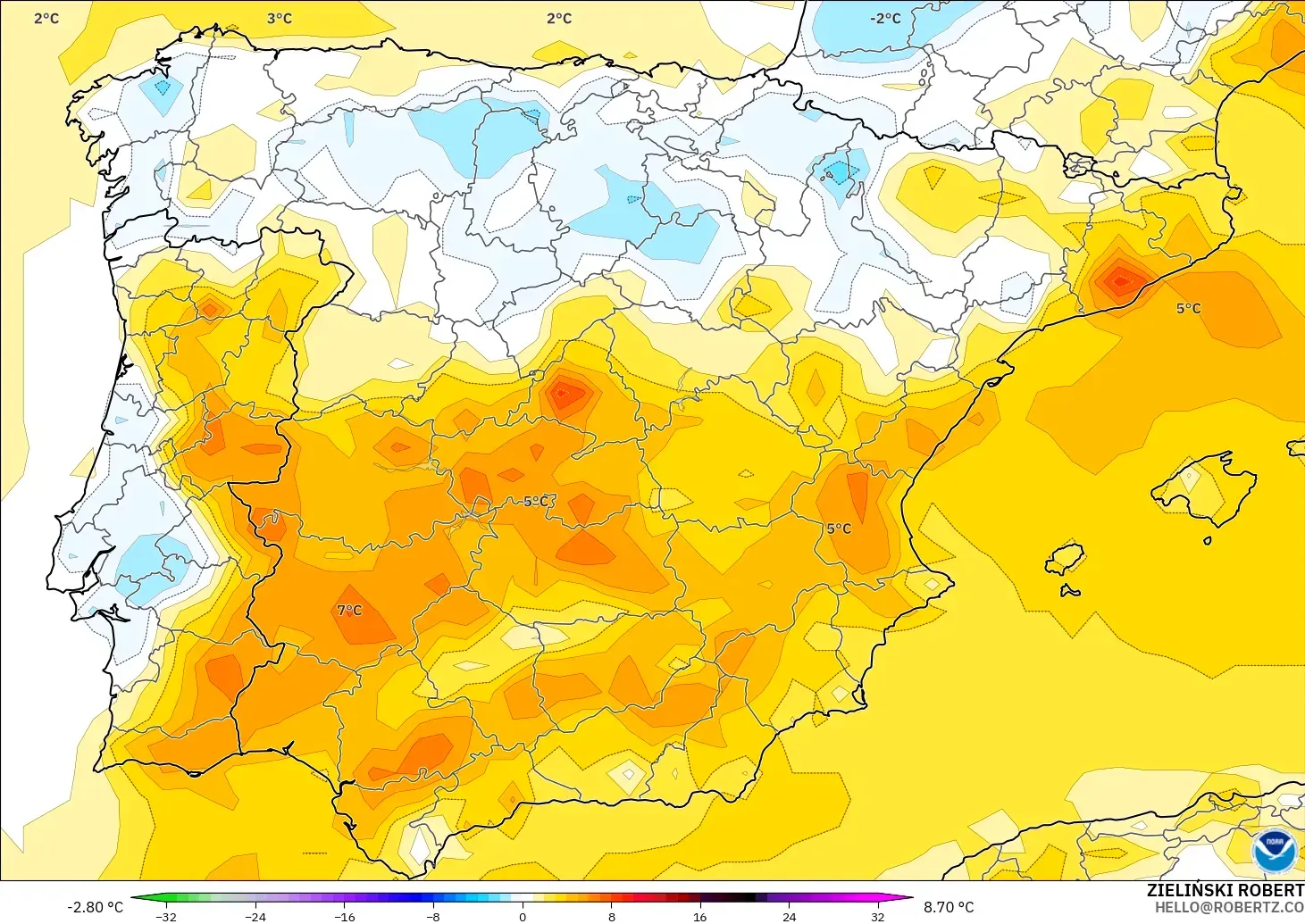 GFS model - Spain, Temperature at 2m Anomaly