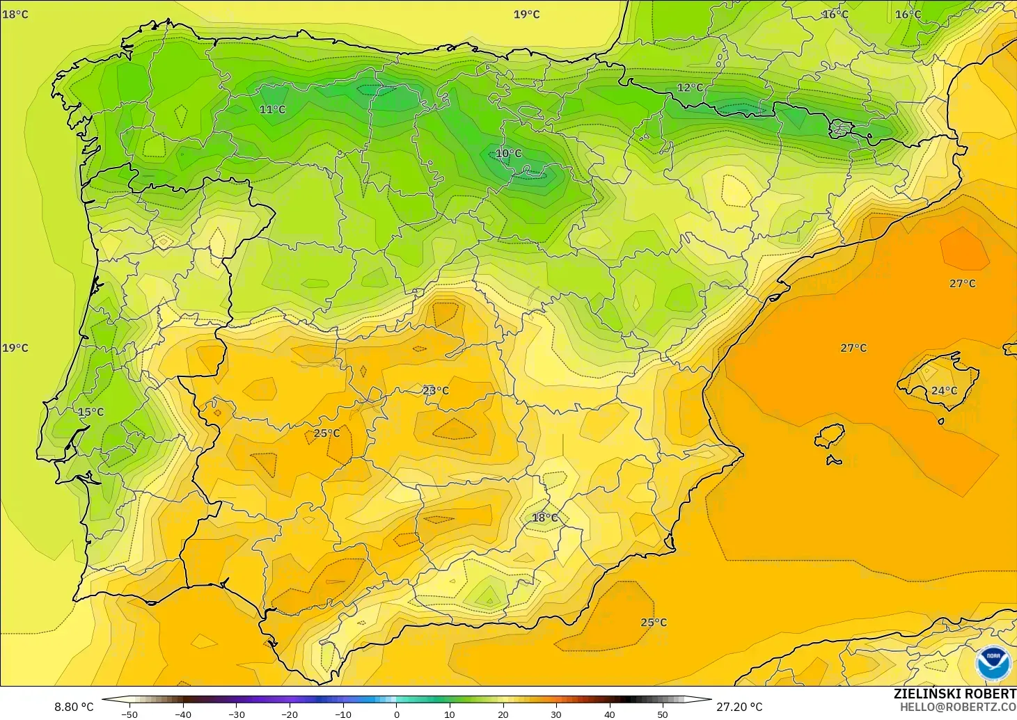 GFS model - Spain, Temperature at 2m
