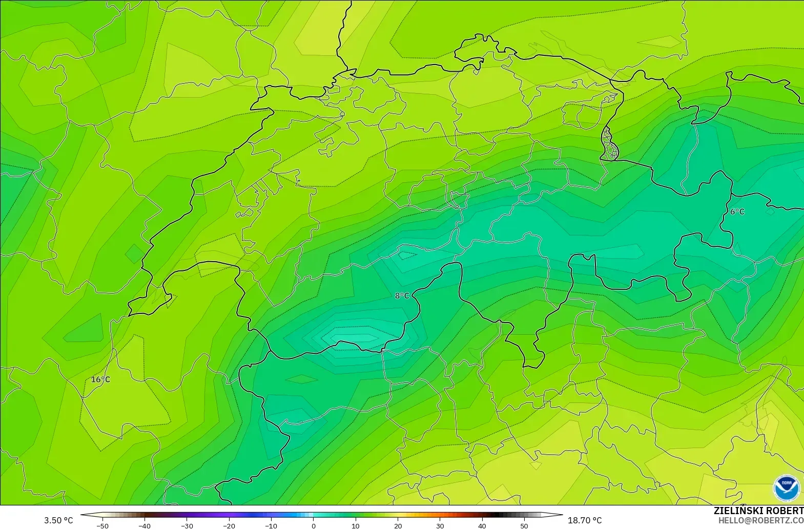 GFS model - Switzerland, Dewpoint at 2m