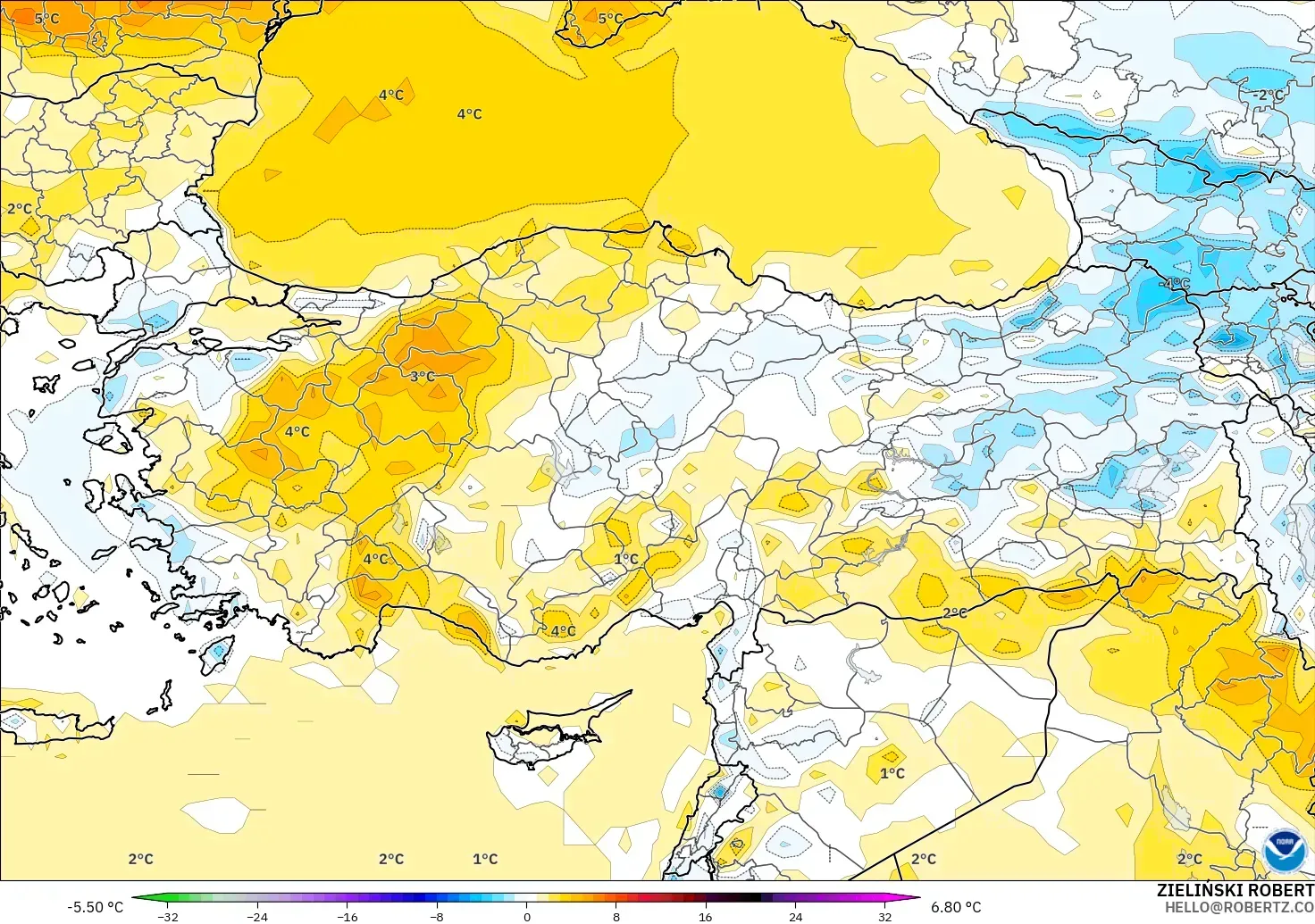 GFS model - Turkey, Temperature at 2m Anomaly