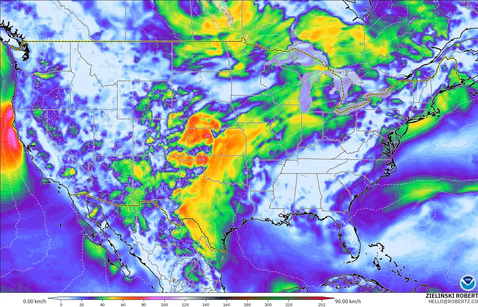 GFS model - United States, Wind Gusts Peak