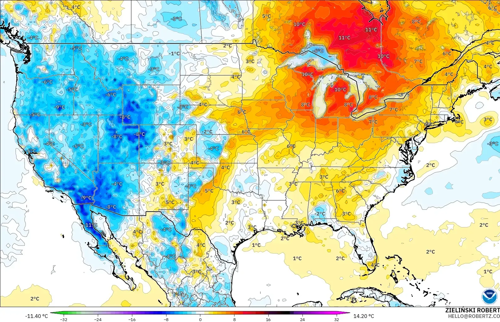 GFS model - United States, Temperature at 2m Anomaly