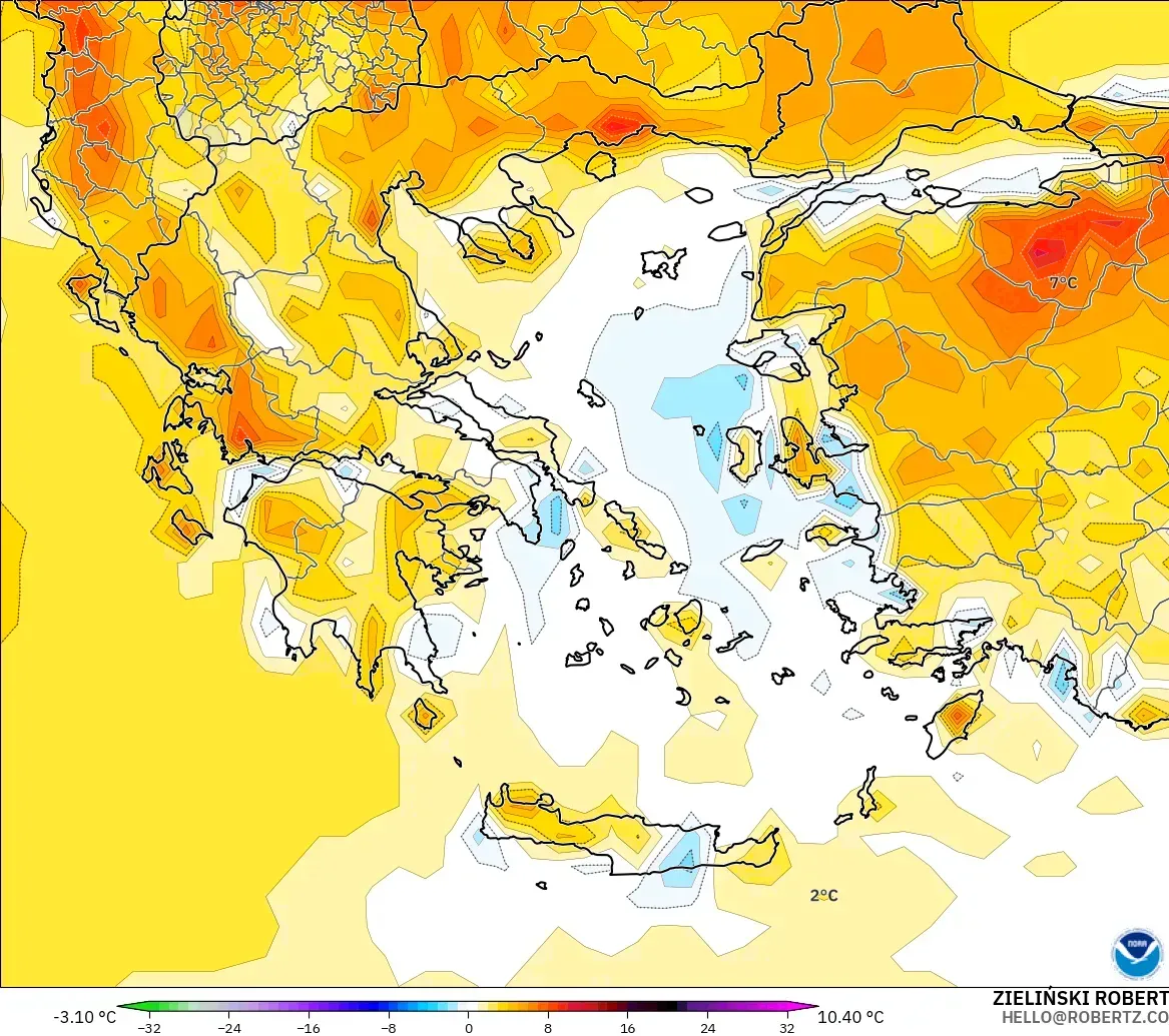 GFS model - Greece, Temperature at 2m Anomaly