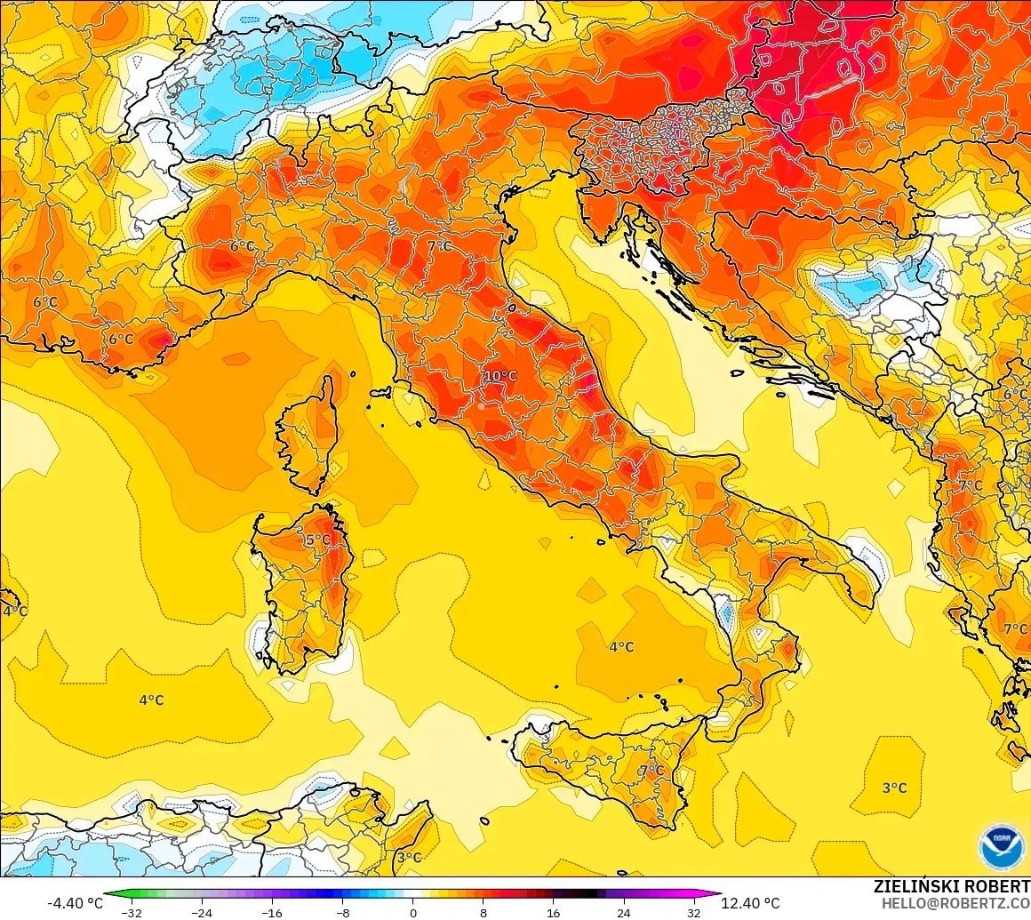 GFS model - Italy, Temperature at 2m Anomaly