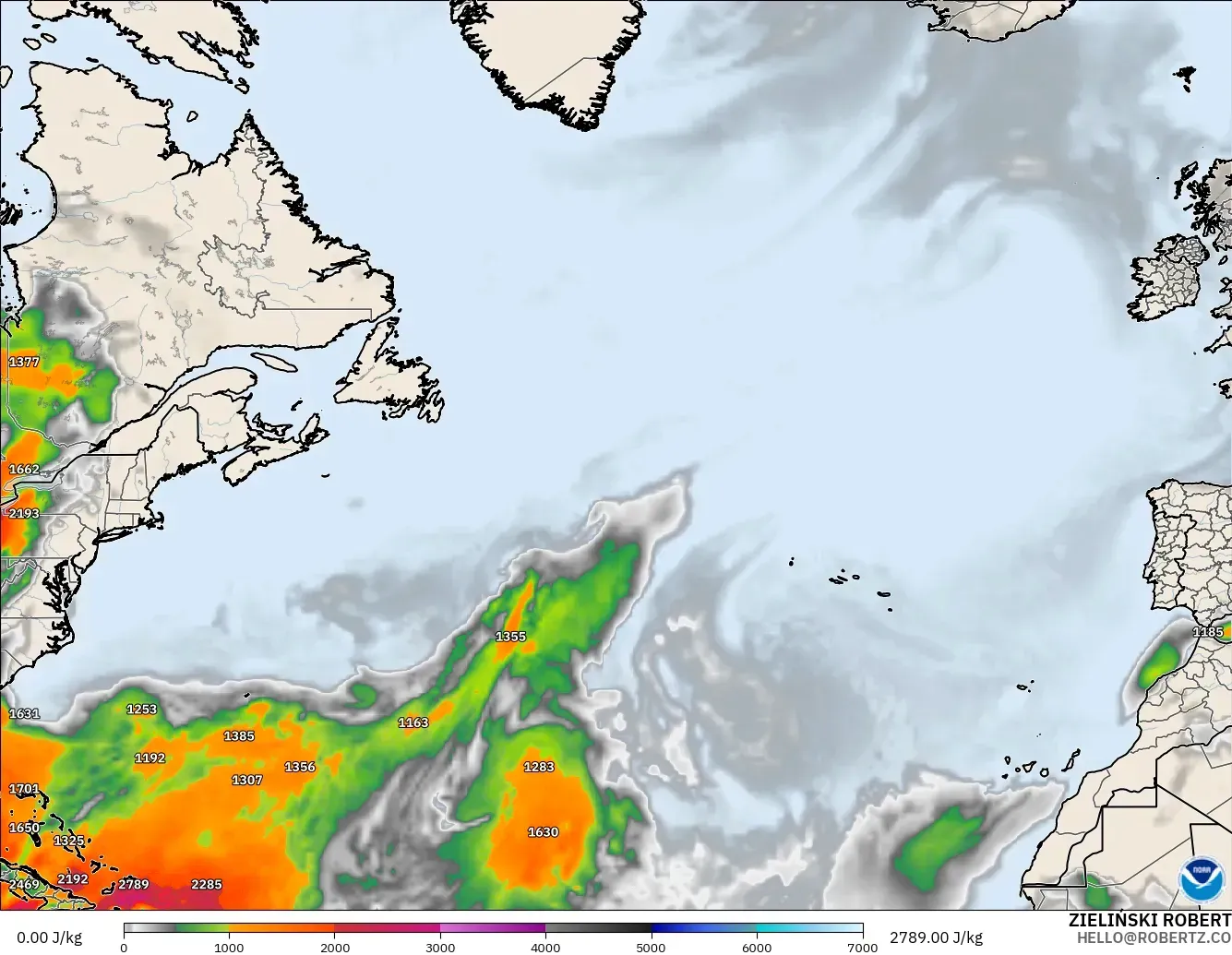 GFS model - North Atlantic, CAPE