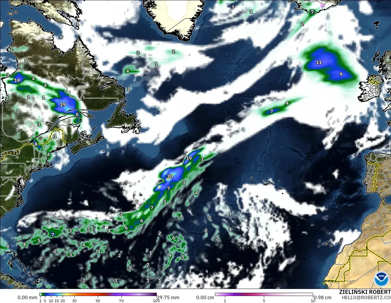 GFS model - North Atlantic, Precipitation, Clouds, and Pressure