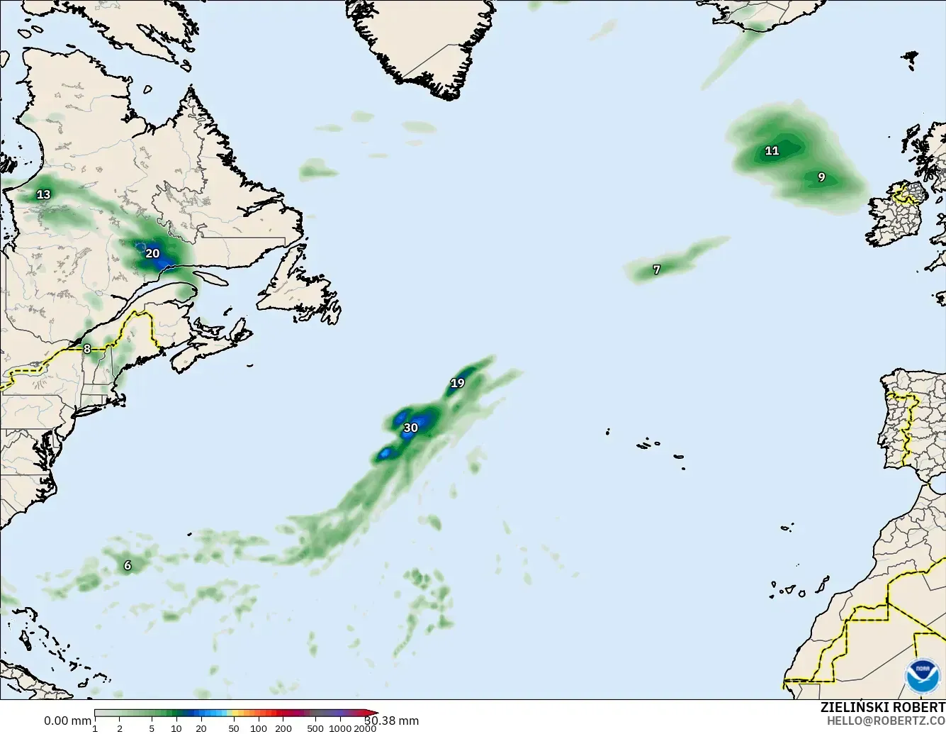 GFS model - North Atlantic, Precipitation Accumulation