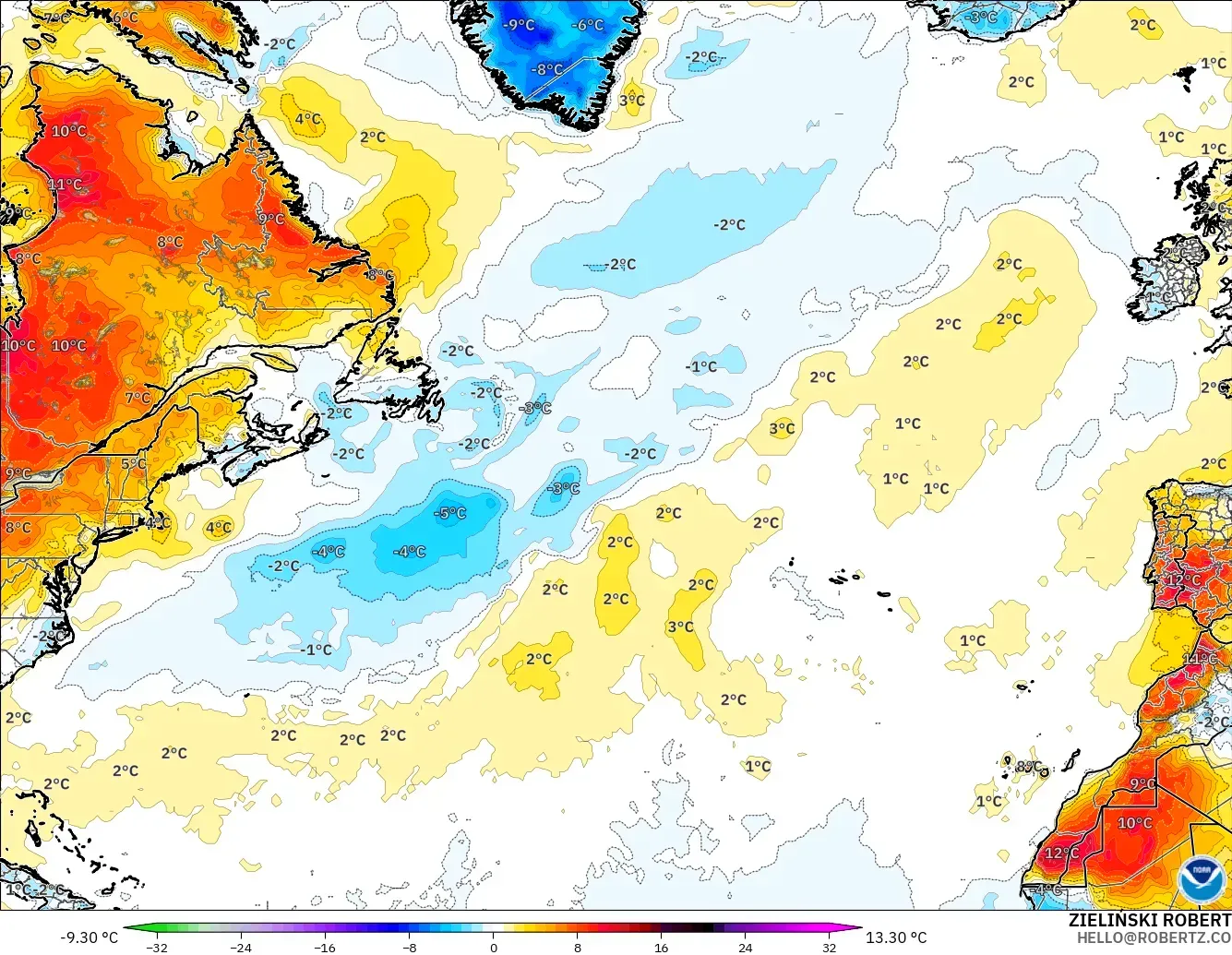 GFS model - North Atlantic, Temperature at 2m Anomaly