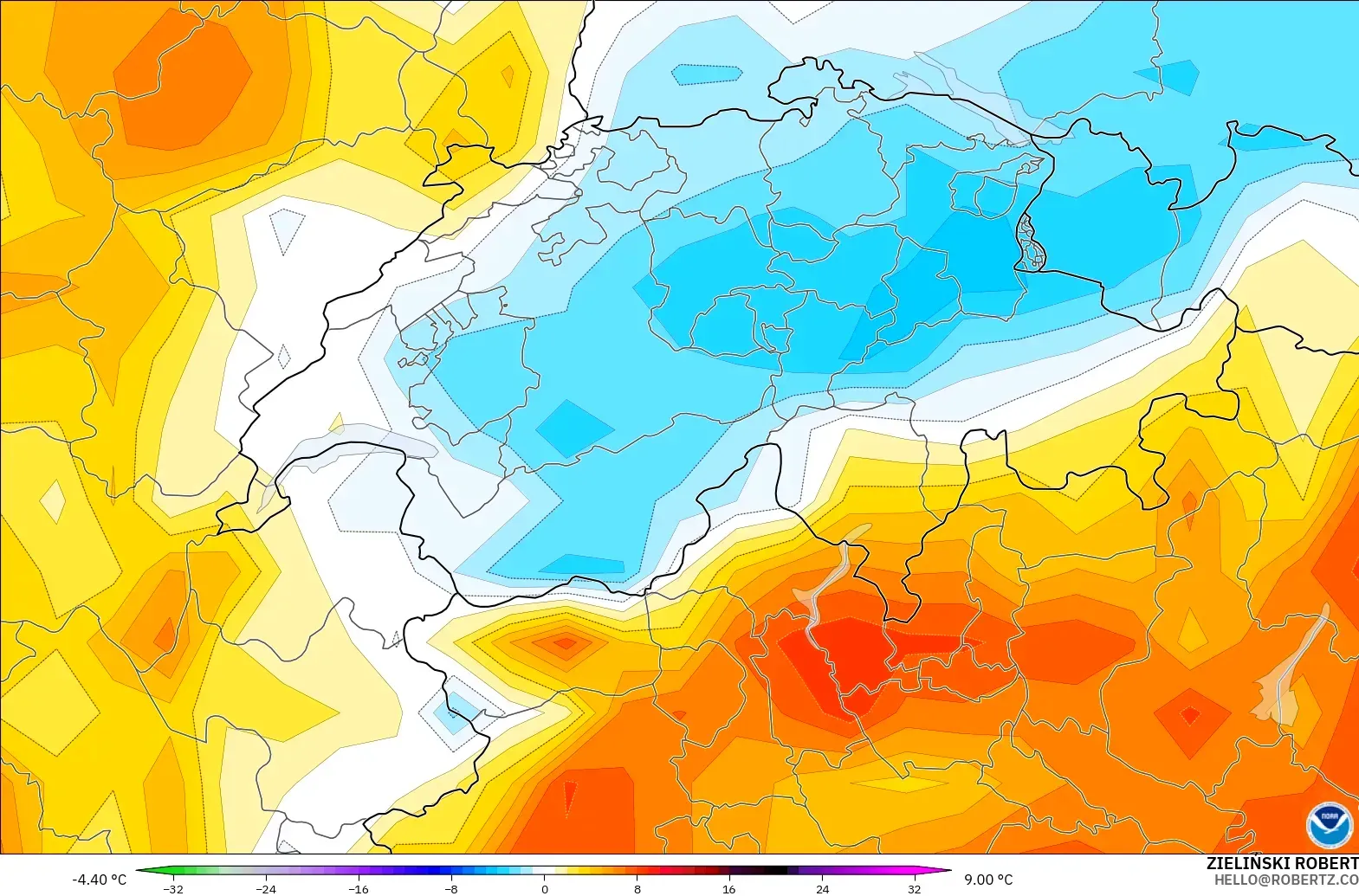 GFS model - Switzerland, Temperature at 2m Anomaly