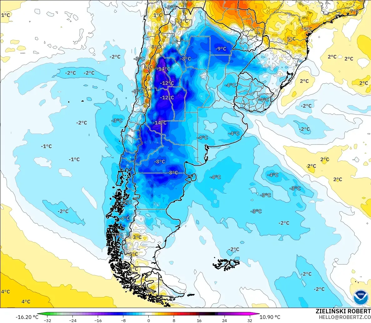 GFS model - Argentina, Temperature at 2m Anomaly