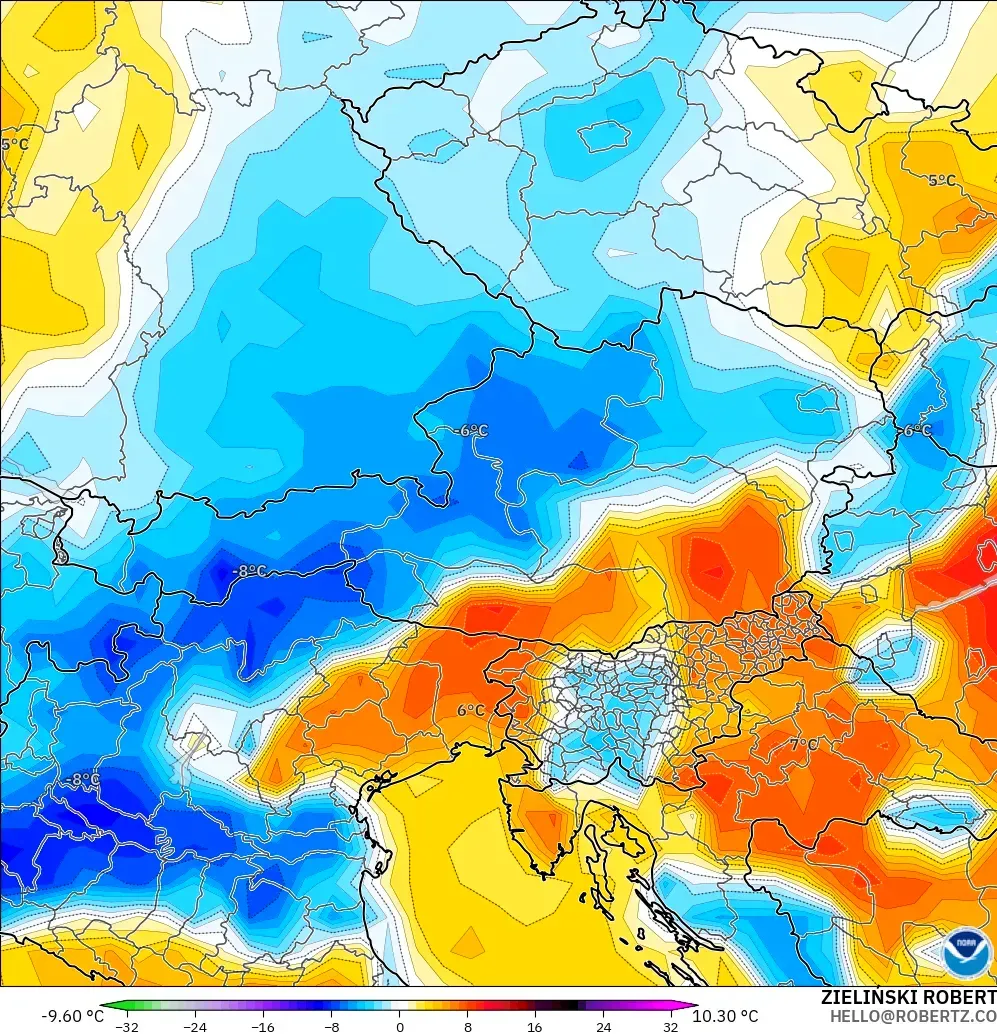 GFS model - Austria, Temperature at 2m Anomaly