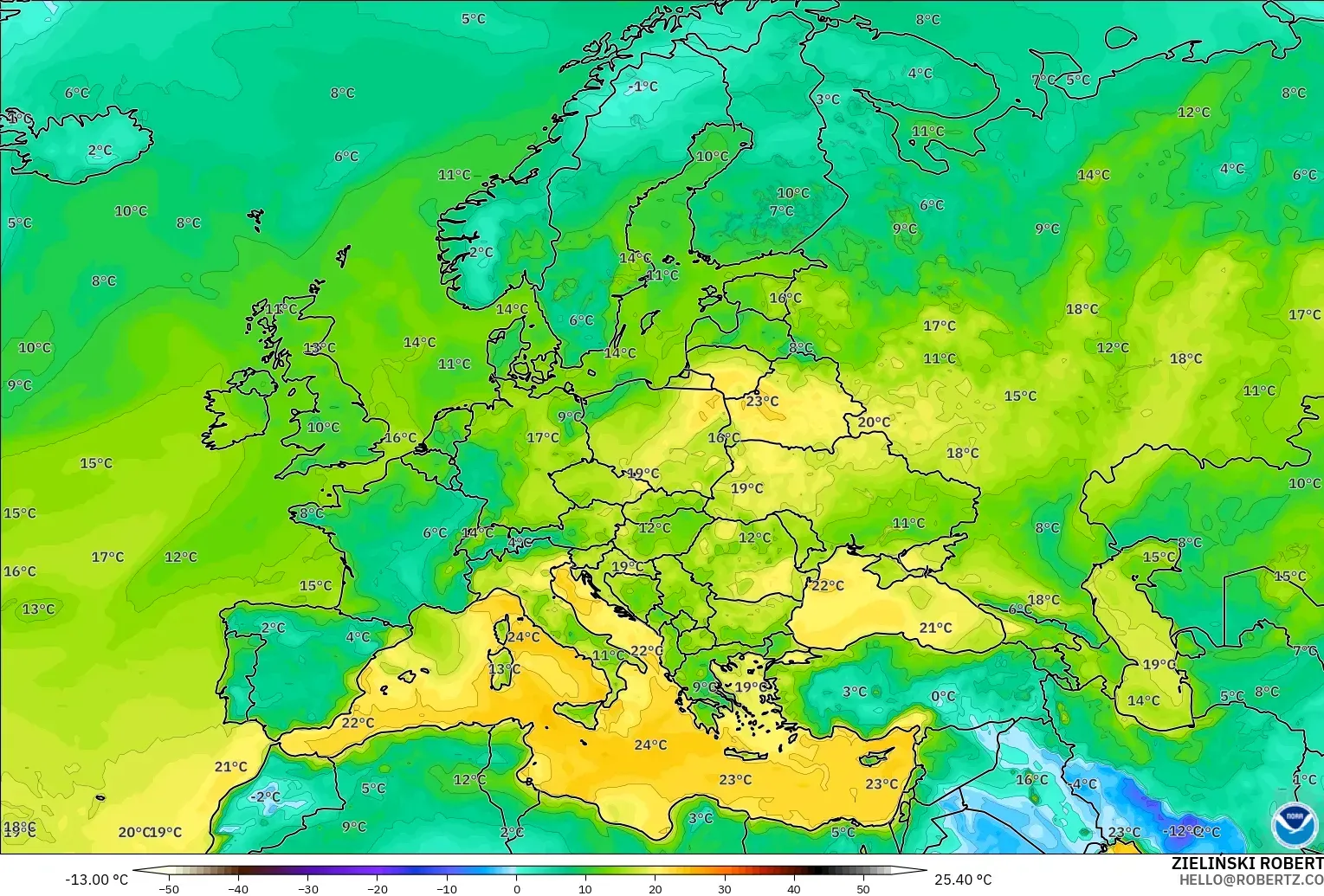GFS model - Europe, Dewpoint at 2m