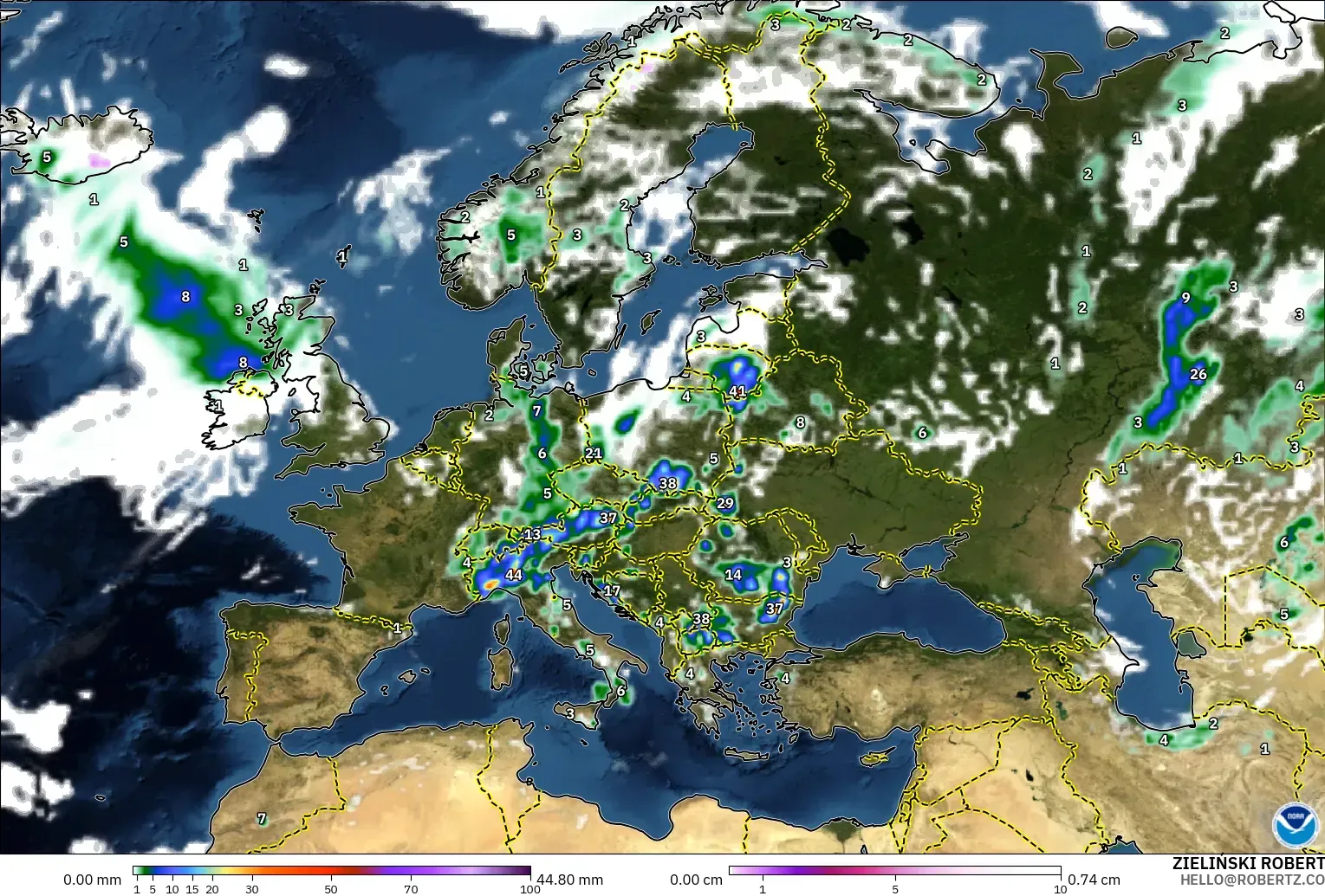GFS model - Europe, Precipitation, Clouds, and Pressure