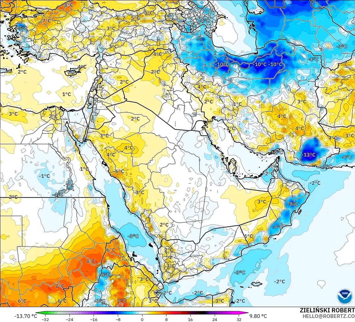 GFS model - Middle East, Temperature at 2m Anomaly
