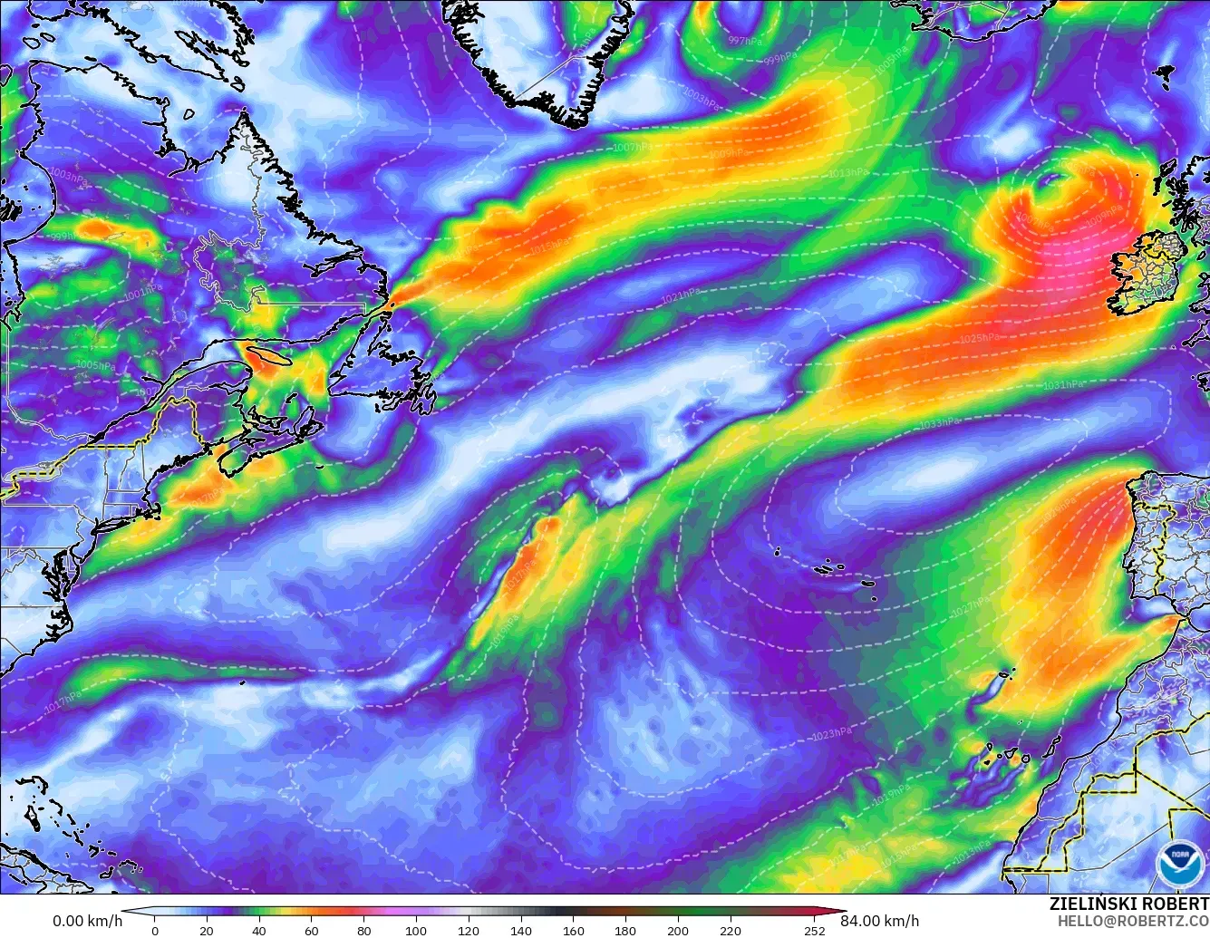 GFS model - North Atlantic, Wind Gusts