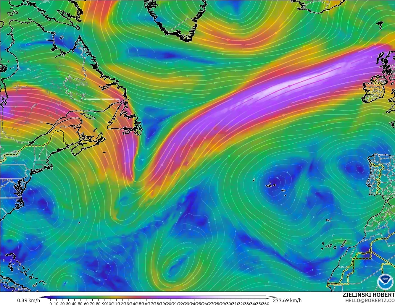 GFS model - North Atlantic, Wind at 300hPa (jet stream)